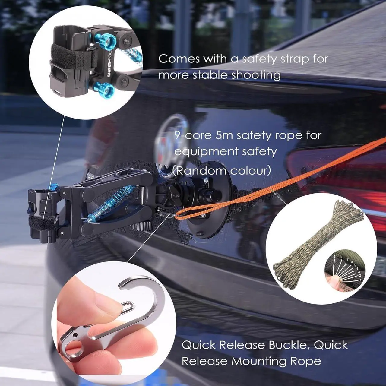 Alt view image 3 of 7 - For Osmo Pocket 3 Car Mount, Blade Arm Suction Cup Shock Absorbing Car Shooting System with Safety Harness Compatible with DJI Osmo Pocket/Gopro Action Camera