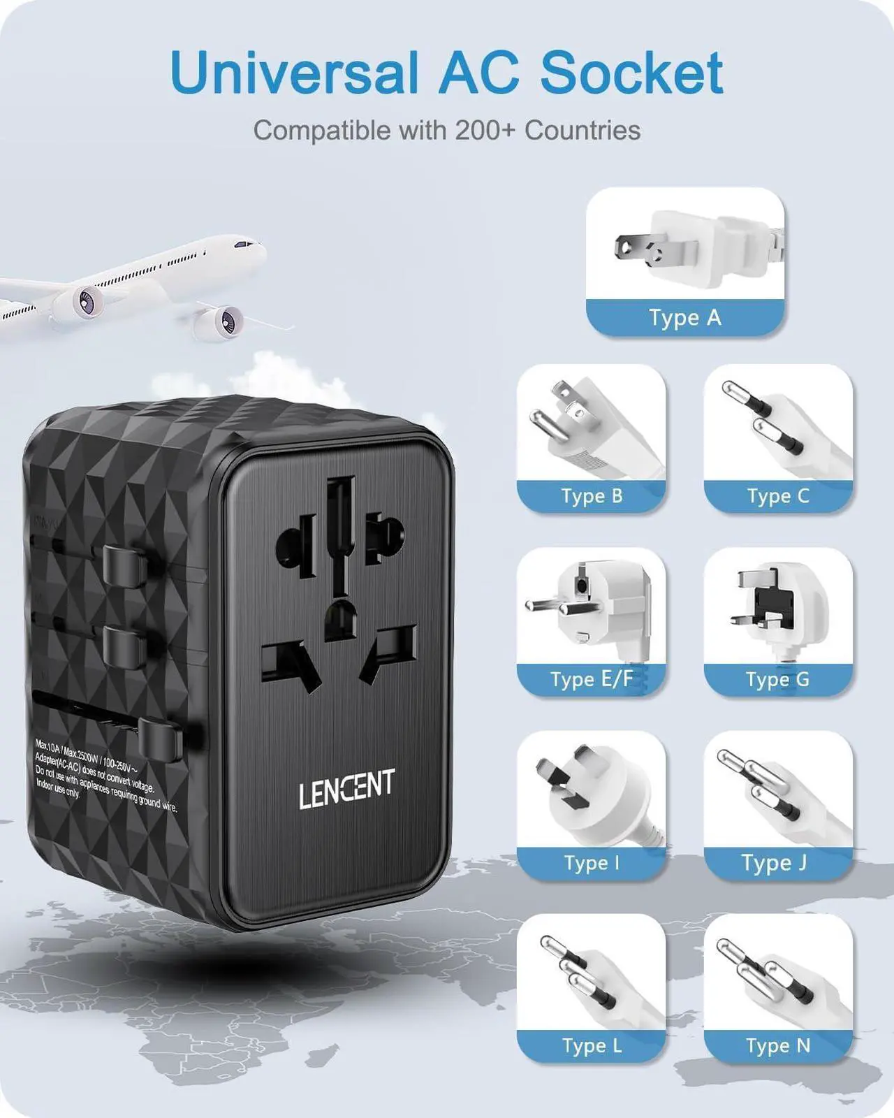 Alt view image 7 of 7 - 65W International Travel Adapter, GaN Universal Travel Adapter with 2 USB-A & 3 Type C Power Adapter, Fast Charger for Phone,Laptops, Worldwide Plug Adapter for USA/UK/EU/AUS, Black