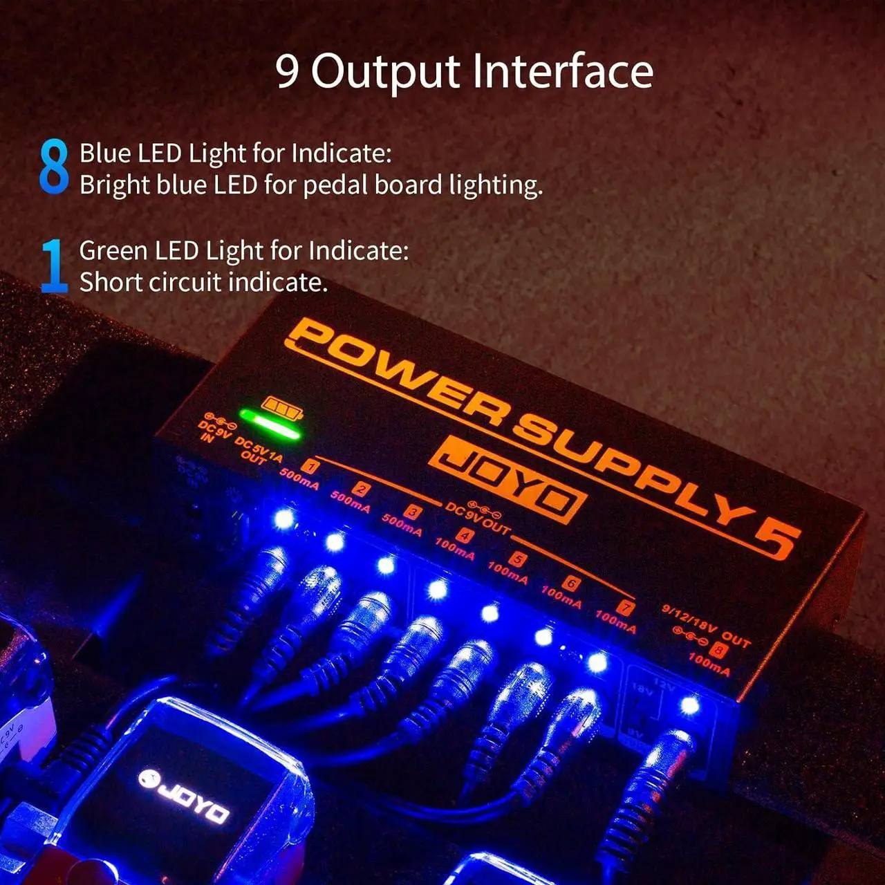 Alt view image 4 of 7 - Built-in 4400mAh Rechargeable Battery Guitar Effect Pedal Power Supply 8 Outputs 9V 12V 18V (100mA, 500mA) Jacks & 5V/1A USB Port (JP-05)