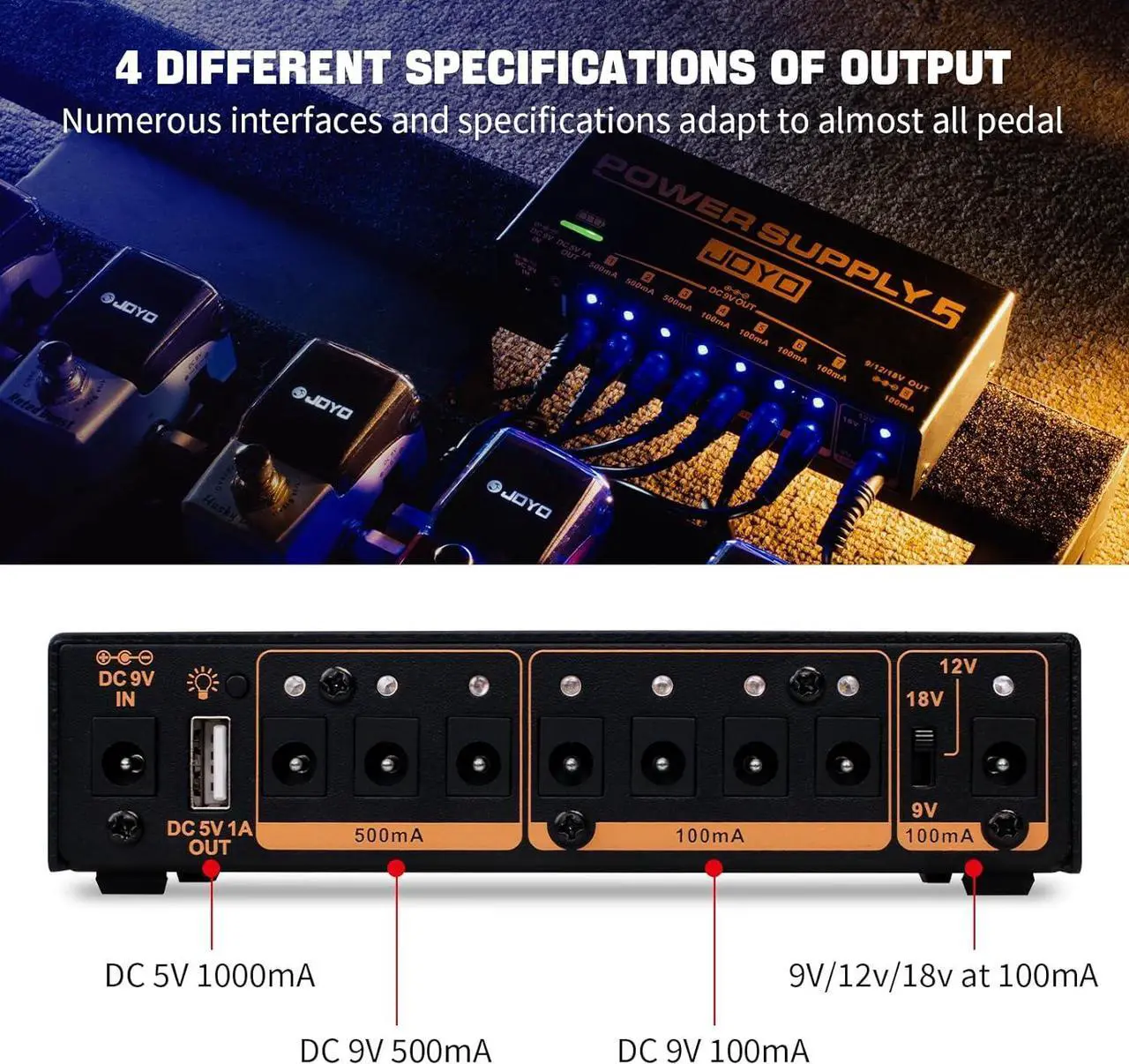 Alt view image 5 of 7 - Built-in 4400mAh Rechargeable Battery Guitar Effect Pedal Power Supply 8 Outputs 9V 12V 18V (100mA, 500mA) Jacks & 5V/1A USB Port (JP-05)