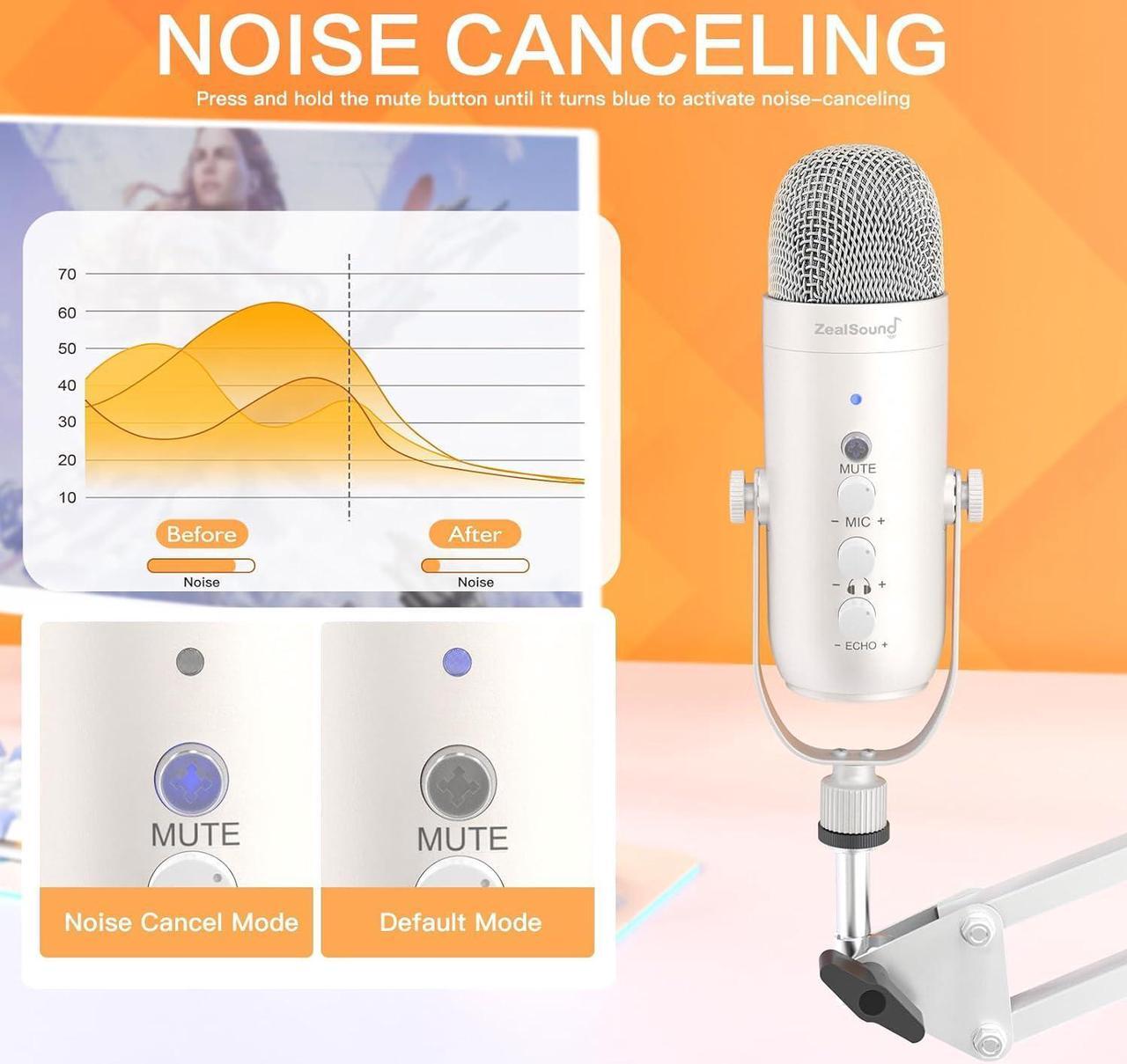 Alt view image 4 of 7 - Gaming Microphone Kit,Podcast Condenser USB Mic with Boom Arm,Supercardioid Microphone with Mute Button,Echo Volume Gain Knob,Adjust Monitor for Phone PC Computer (White)