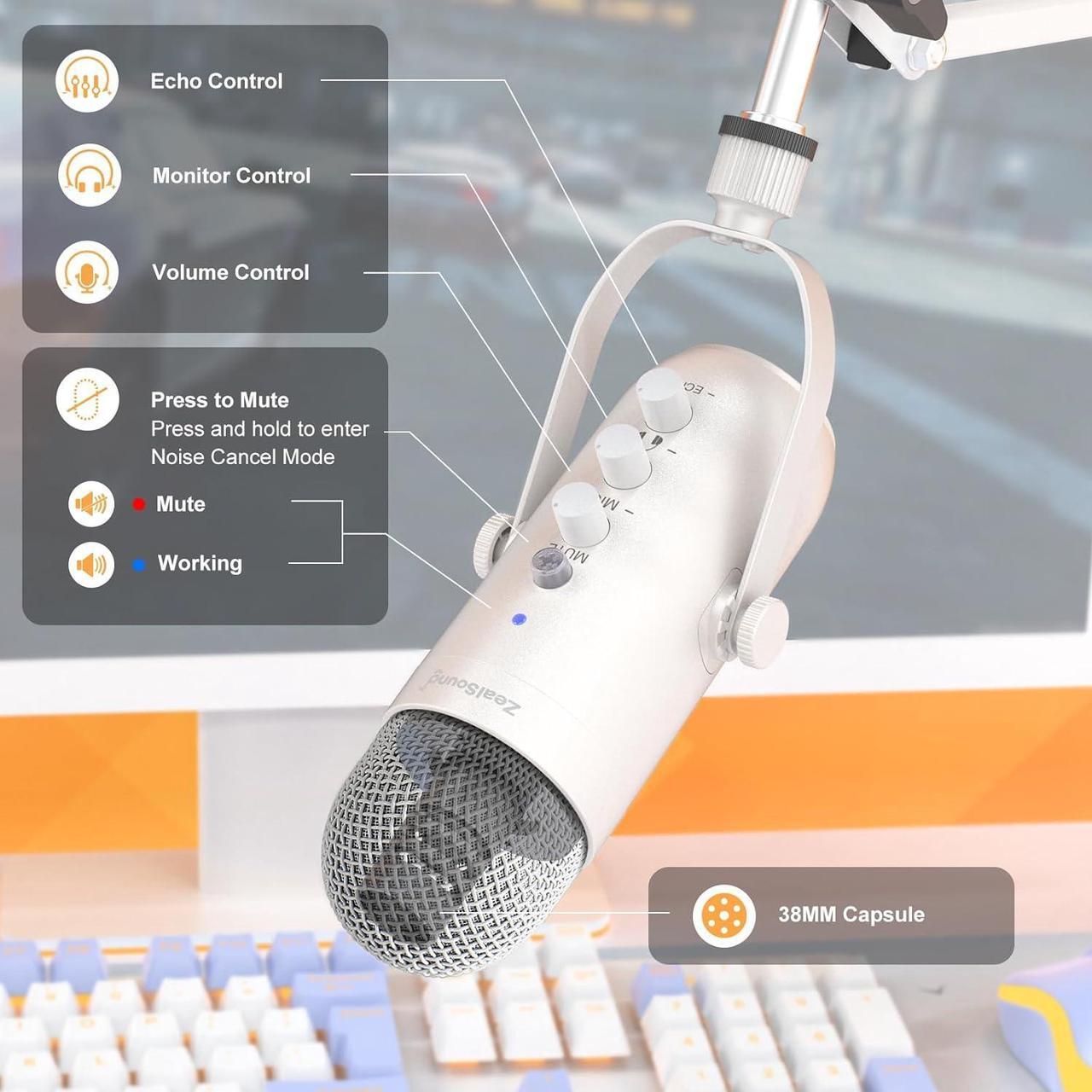 Alt view image 3 of 7 - Gaming Microphone Kit,Podcast Condenser USB Mic with Boom Arm,Supercardioid Microphone with Mute Button,Echo Volume Gain Knob,Adjust Monitor for Phone PC Computer (White)