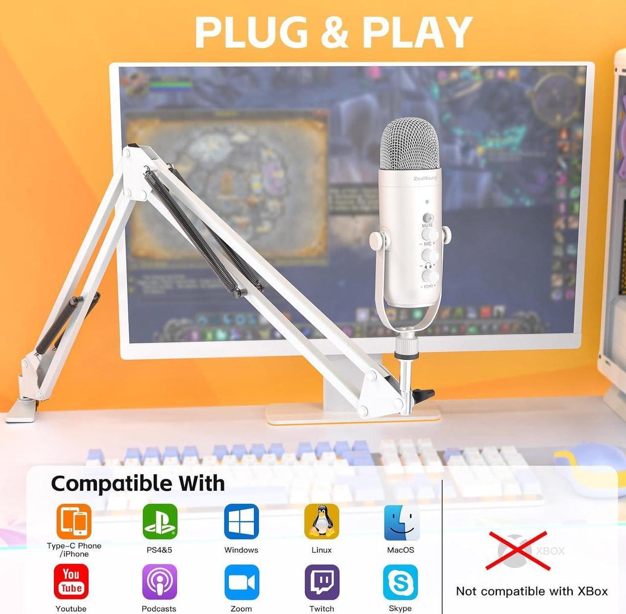 Alt view image 2 of 7 - Gaming Microphone Kit,Podcast Condenser USB Mic with Boom Arm,Supercardioid Microphone with Mute Button,Echo Volume Gain Knob,Adjust Monitor for Phone PC Computer (White)