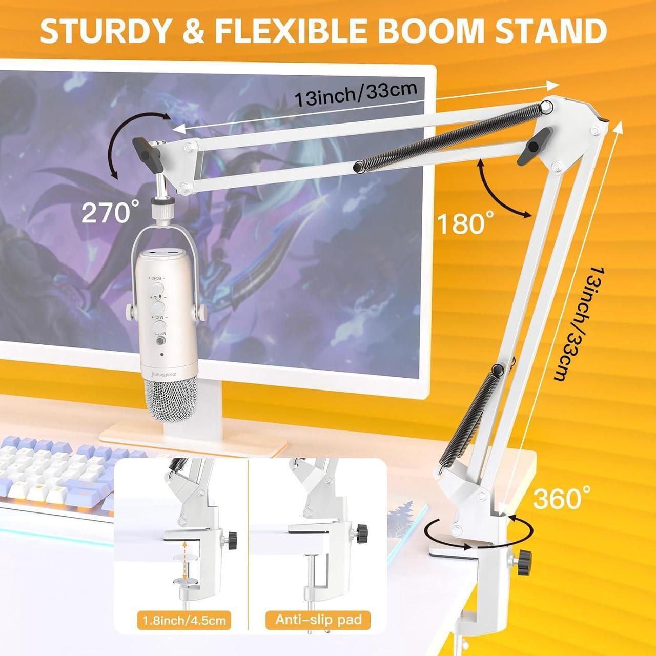 Alt view image 5 of 7 - Gaming Microphone Kit,Podcast Condenser USB Mic with Boom Arm,Supercardioid Microphone with Mute Button,Echo Volume Gain Knob,Adjust Monitor for Phone PC Computer (White)