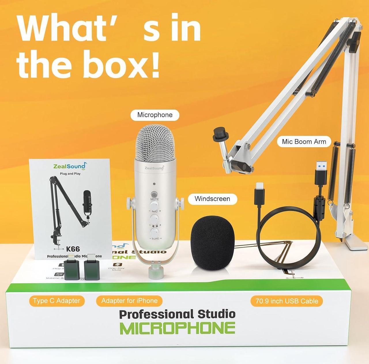 Alt view image 7 of 7 - Gaming Microphone Kit,Podcast Condenser USB Mic with Boom Arm,Supercardioid Microphone with Mute Button,Echo Volume Gain Knob,Adjust Monitor for Phone PC Computer (White)