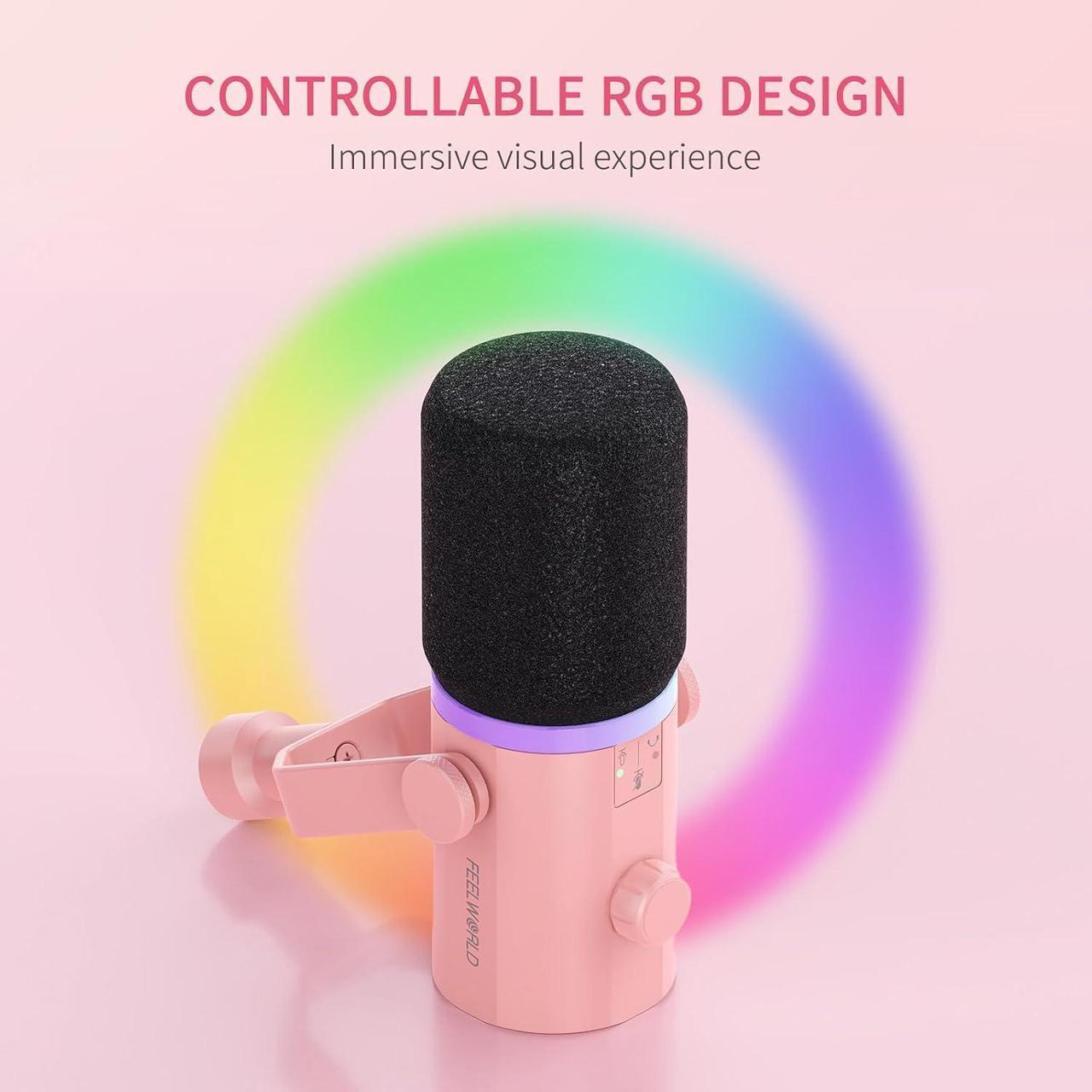 Alt view image 5 of 7 - PM1 XLR USB Dynamic Microphone with Boom Arm Stand for Podcast Recording PC Computer Gaming Live Streaming Vocal Voice-Over, Studio Metal Mic, RGB Light, Mute Button, Headphones Jack (Pink)