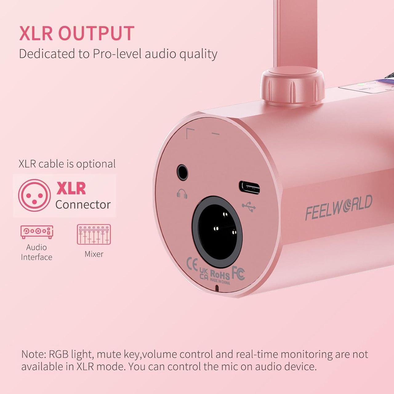 Alt view image 3 of 7 - PM1 XLR USB Dynamic Microphone with Boom Arm Stand for Podcast Recording PC Computer Gaming Live Streaming Vocal Voice-Over, Studio Metal Mic, RGB Light, Mute Button, Headphones Jack (Pink)
