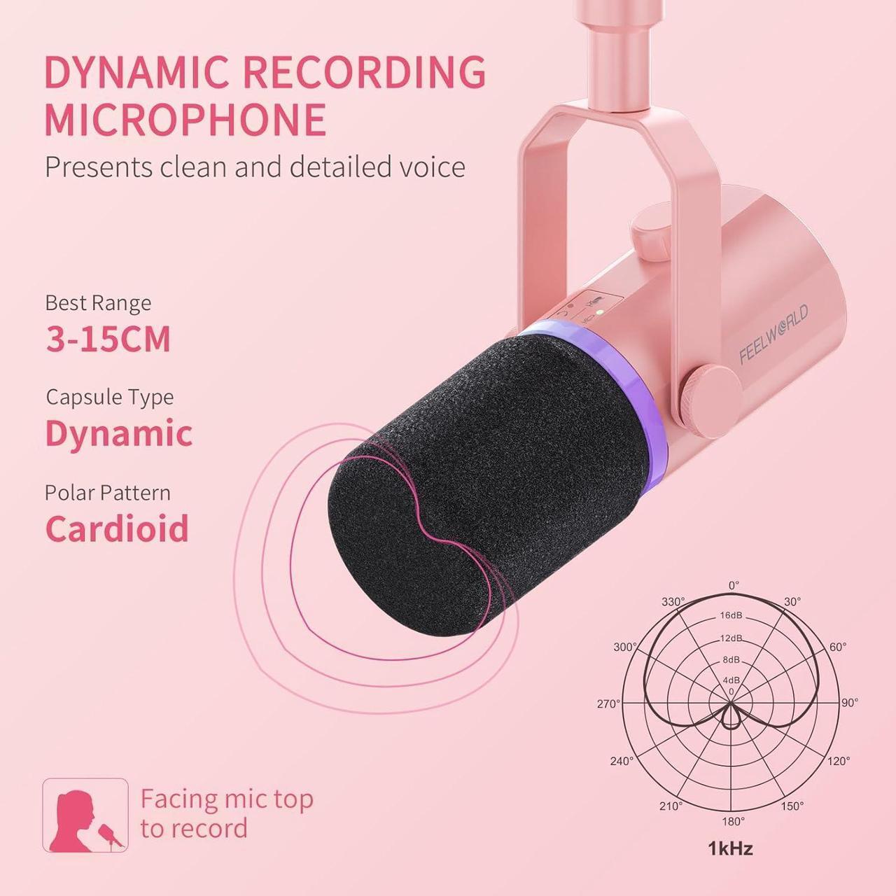 Alt view image 2 of 7 - PM1 XLR USB Dynamic Microphone with Boom Arm Stand for Podcast Recording PC Computer Gaming Live Streaming Vocal Voice-Over, Studio Metal Mic, RGB Light, Mute Button, Headphones Jack (Pink)