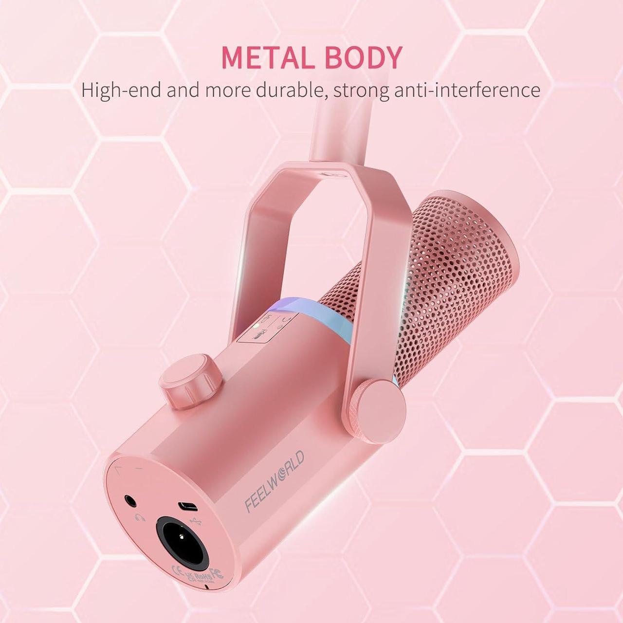 Alt view image 7 of 7 - PM1 XLR USB Dynamic Microphone with Boom Arm Stand for Podcast Recording PC Computer Gaming Live Streaming Vocal Voice-Over, Studio Metal Mic, RGB Light, Mute Button, Headphones Jack (Pink)