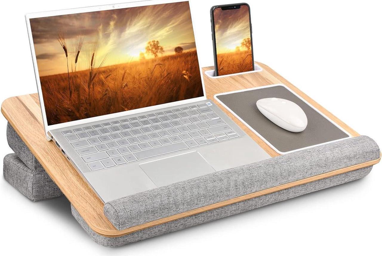 Main image of Lap Laptop Desk, Adjustable Angle Lap Desk with Cushion Fits up to 17 inch Laptop, Soft Lap Pad, Storage Function, Wrist Rest, Tablet Slot, Portable Handle, Book Lap Stand for Adult Teen StudWoodgrain