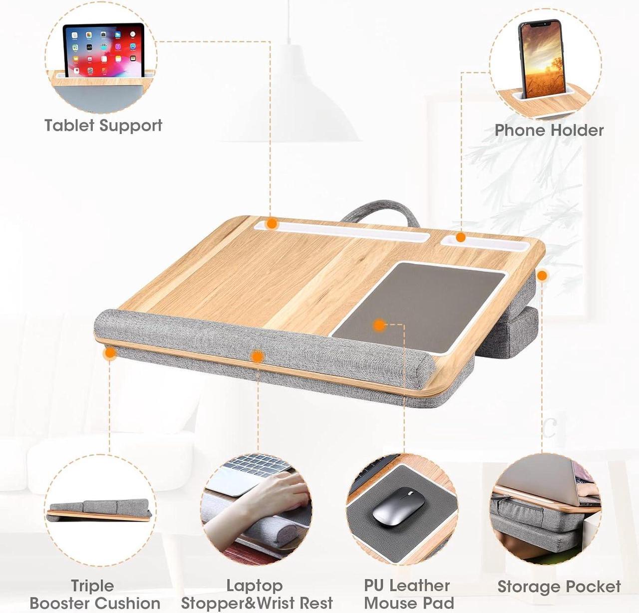 Alt view image 5 of 7 - Lap Laptop Desk, Adjustable Angle Lap Desk with Cushion Fits up to 17 inch Laptop, Soft Lap Pad, Storage Function, Wrist Rest, Tablet Slot, Portable Handle, Book Lap Stand for Adult Teen StudWoodgrain