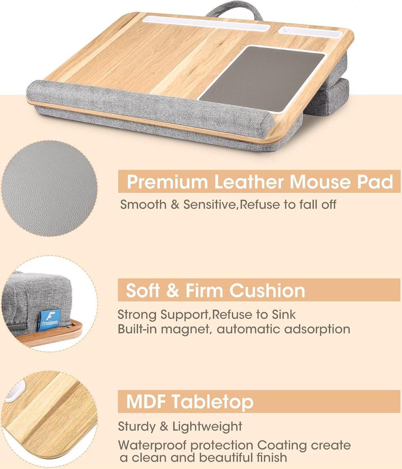 Alt view image 4 of 7 - Lap Laptop Desk, Adjustable Angle Lap Desk with Cushion Fits up to 17 inch Laptop, Soft Lap Pad, Storage Function, Wrist Rest, Tablet Slot, Portable Handle, Book Lap Stand for Adult Teen StudWoodgrain