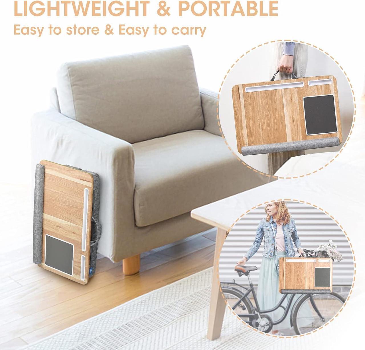 Alt view image 6 of 7 - Lap Laptop Desk, Adjustable Angle Lap Desk with Cushion Fits up to 17 inch Laptop, Soft Lap Pad, Storage Function, Wrist Rest, Tablet Slot, Portable Handle, Book Lap Stand for Adult Teen StudWoodgrain