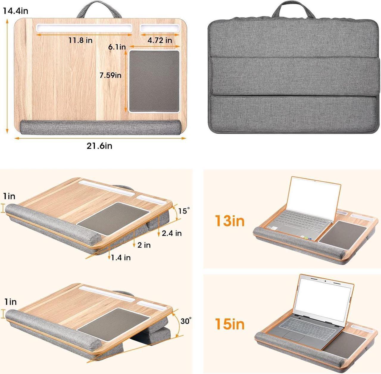 Alt view image 2 of 7 - Lap Laptop Desk, Adjustable Angle Lap Desk with Cushion Fits up to 17 inch Laptop, Soft Lap Pad, Storage Function, Wrist Rest, Tablet Slot, Portable Handle, Book Lap Stand for Adult Teen StudWoodgrain