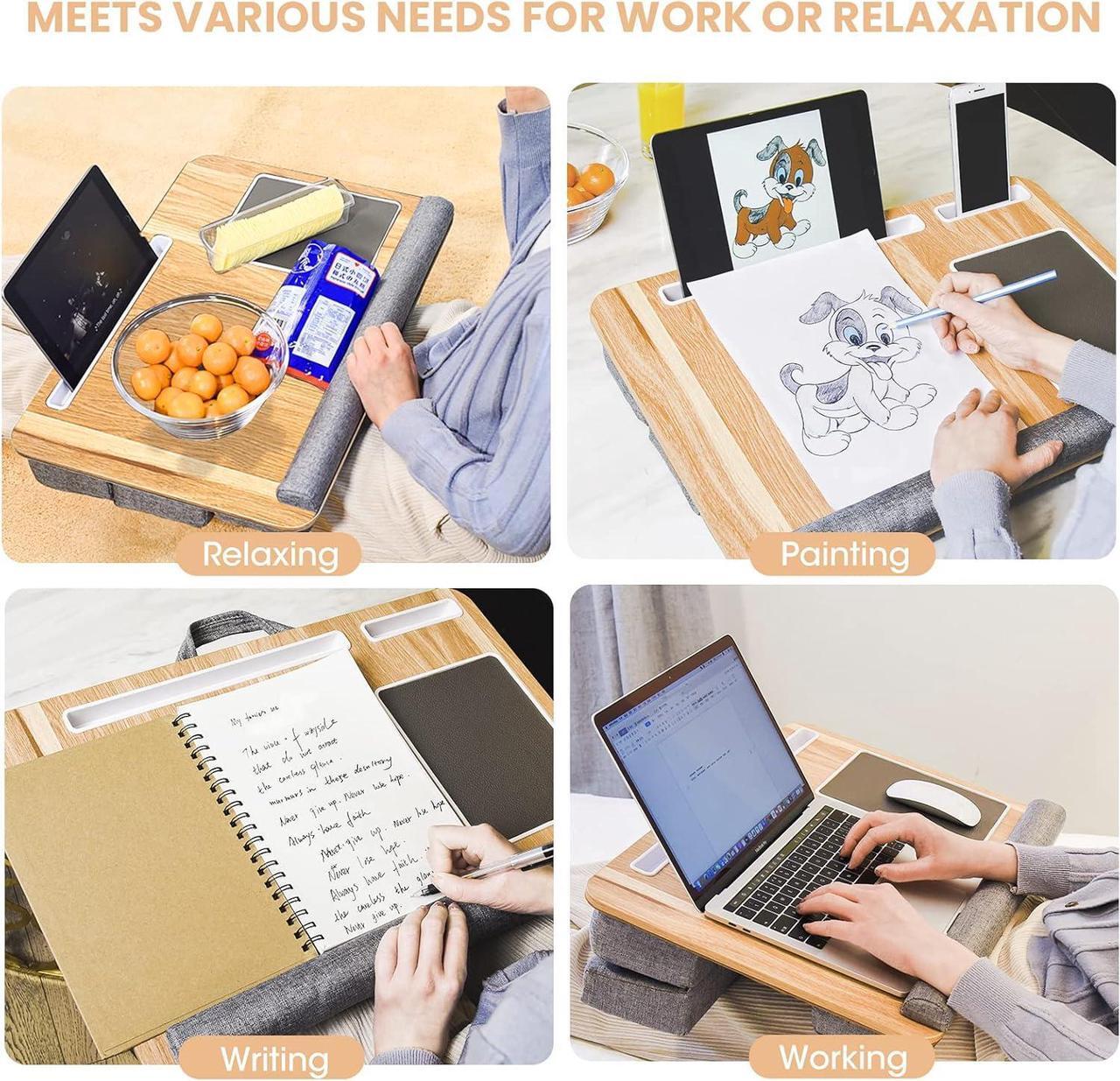 Alt view image 7 of 7 - Lap Laptop Desk, Adjustable Angle Lap Desk with Cushion Fits up to 17 inch Laptop, Soft Lap Pad, Storage Function, Wrist Rest, Tablet Slot, Portable Handle, Book Lap Stand for Adult Teen StudWoodgrain