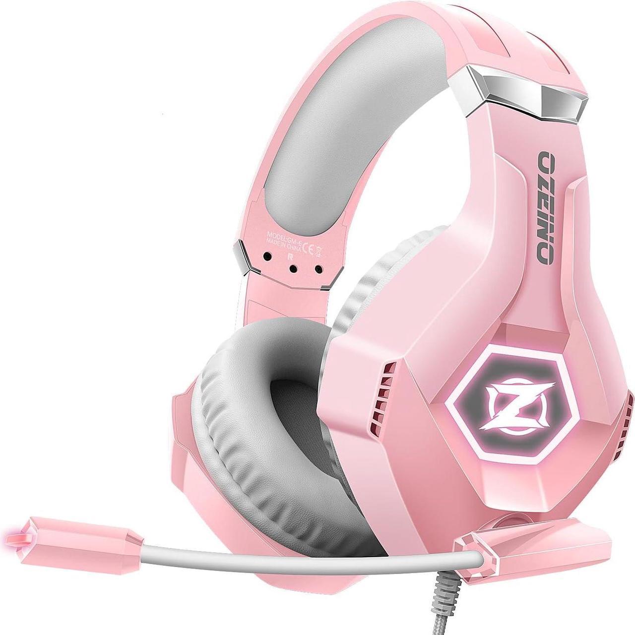 Main image of Gaming Headset Stereo Gaming Headphones Noise Cancelling Over Ear Headphones with Mic, LED Light, Bass Surround, Soft Memory Earmuffs for PS4, PS5, PC,Switch-Pink