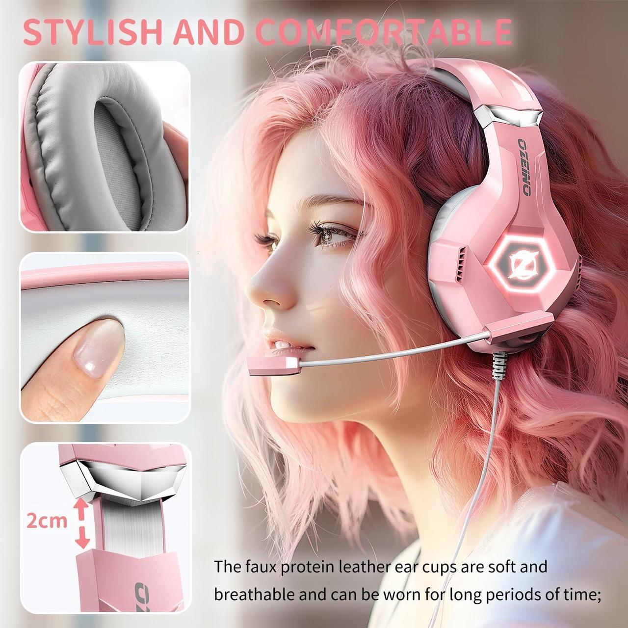 Alt view image 2 of 7 - Gaming Headset Stereo Gaming Headphones Noise Cancelling Over Ear Headphones with Mic, LED Light, Bass Surround, Soft Memory Earmuffs for PS4, PS5, PC,Switch-Pink