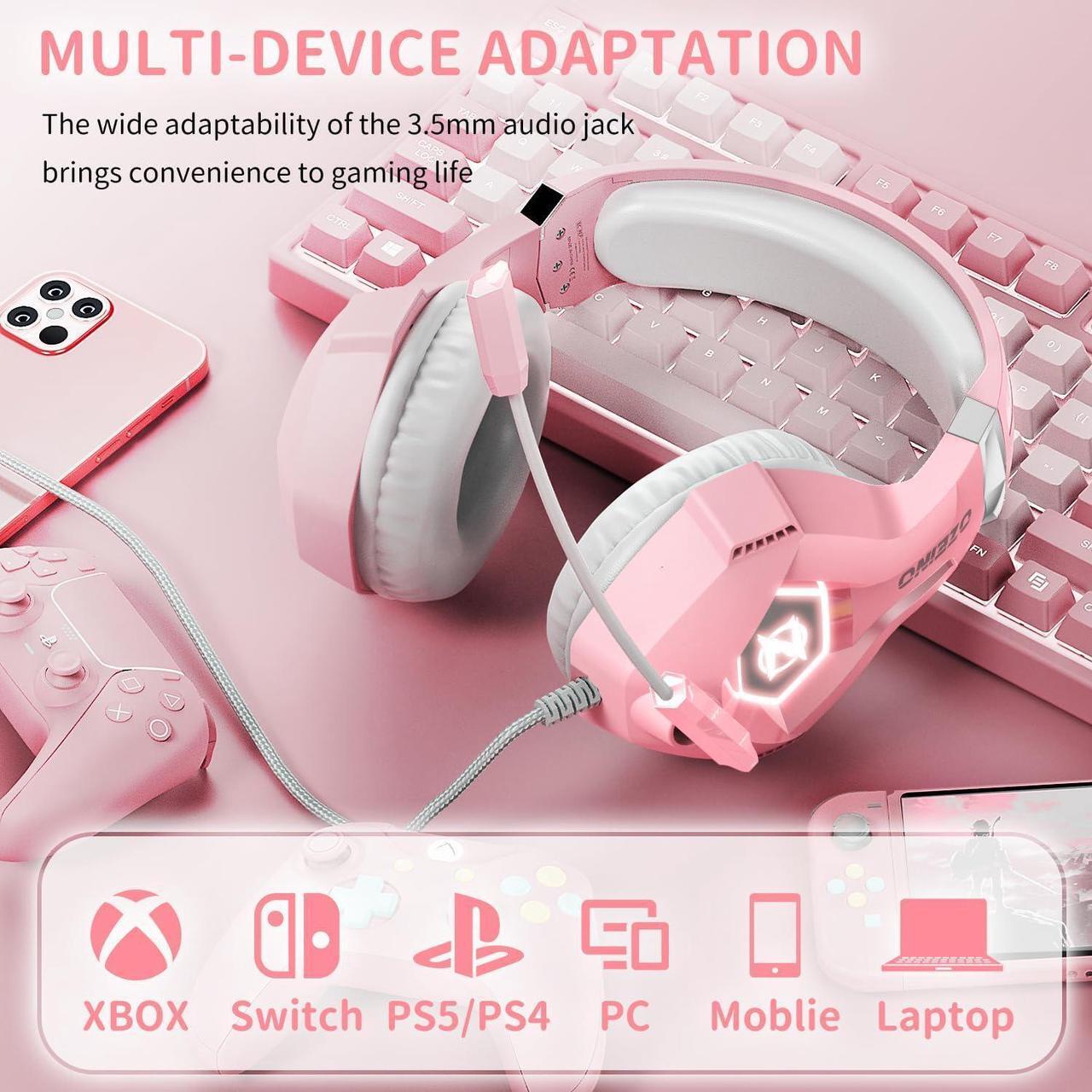 Alt view image 5 of 7 - Gaming Headset Stereo Gaming Headphones Noise Cancelling Over Ear Headphones with Mic, LED Light, Bass Surround, Soft Memory Earmuffs for PS4, PS5, PC,Switch-Pink