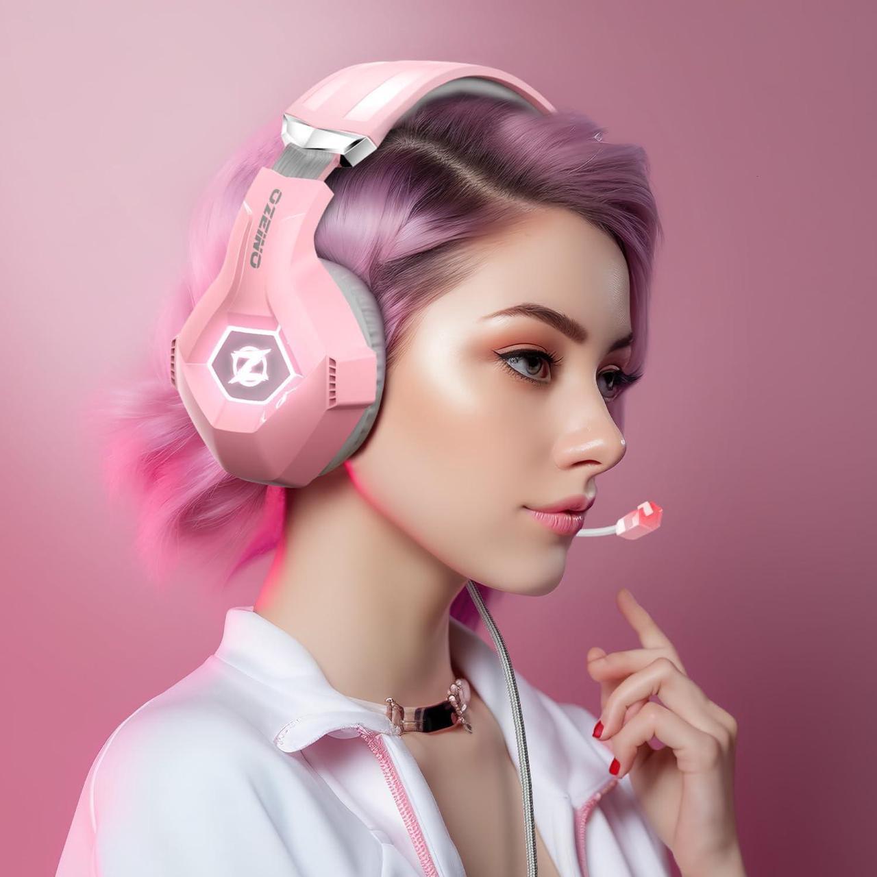 Alt view image 7 of 7 - Gaming Headset Stereo Gaming Headphones Noise Cancelling Over Ear Headphones with Mic, LED Light, Bass Surround, Soft Memory Earmuffs for PS4, PS5, PC,Switch-Pink