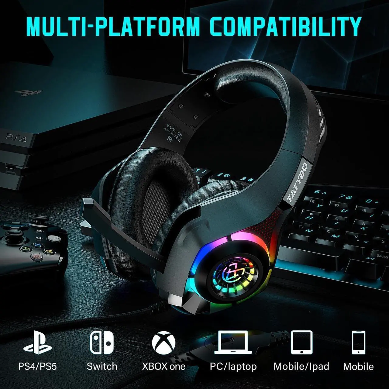Alt view image 5 of 7 - Gaming Headset for PS4 PS5 Switch Xbox One PC with RGB Light, Noise Canceling Mic, Surround Sound Gaming Headphones
