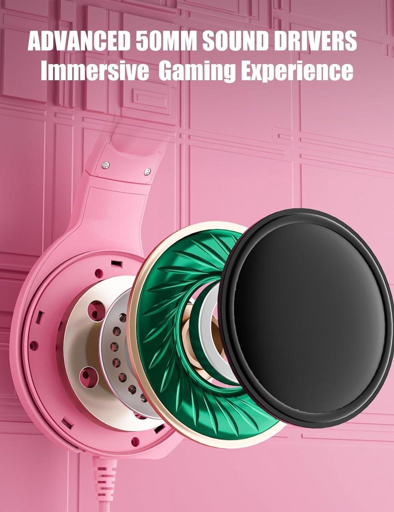 Alt view image 2 of 7 - Z20 Pink Gaming Headset with Microphone, Compatible with PS4 PS5 Xbox One PC Laptop, Over-Ear Headphones with LED RGB Light, Noise Canceling Mic, Stereo Surround Sound (Pink)