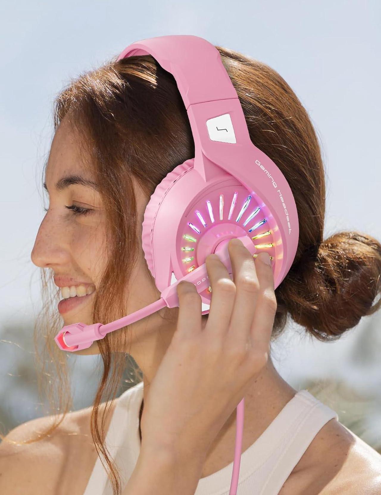 Alt view image 5 of 7 - Z20 Pink Gaming Headset with Microphone, Compatible with PS4 PS5 Xbox One PC Laptop, Over-Ear Headphones with LED RGB Light, Noise Canceling Mic, Stereo Surround Sound (Pink)