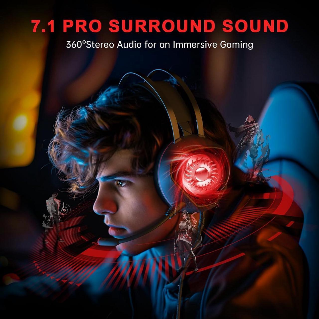 Alt view image 6 of 7 - Gaming Headset for Xbox Series X/S, Xbox One, PS5, PS4, PC with 7.1 Surround Sound, Wired Gaming Headphone with Noise Cancelling Mic, Dynamic RGB Light for Xbox Controller, Switch (BlackRed)