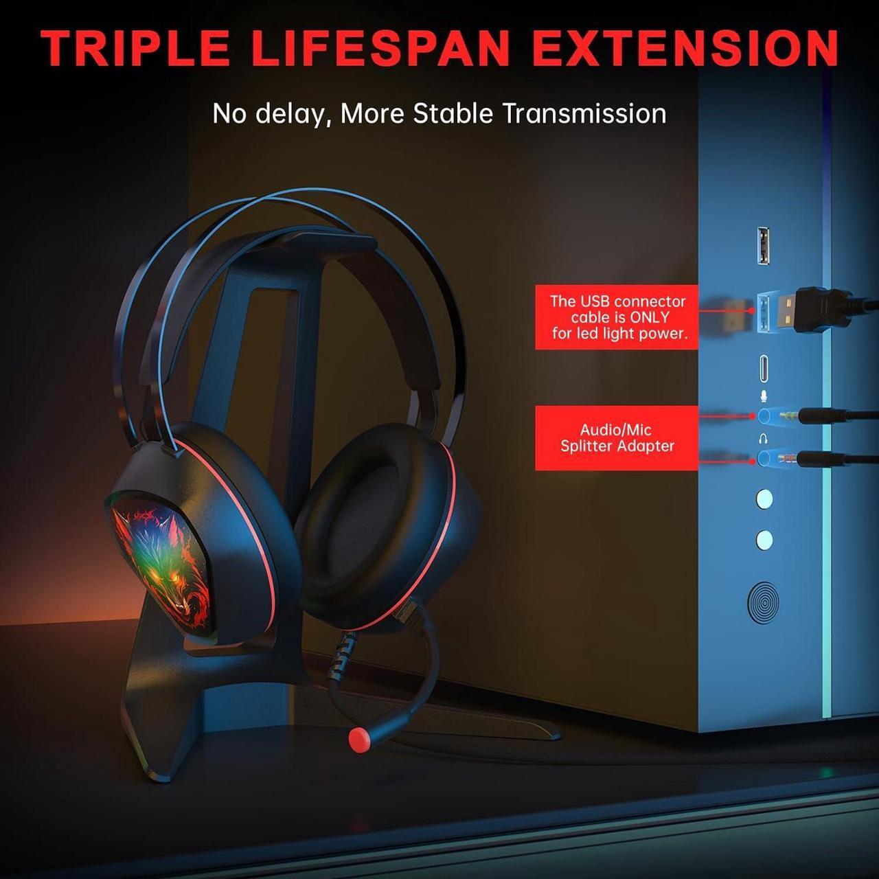 Alt view image 7 of 7 - Gaming Headset for Xbox Series X/S, Xbox One, PS5, PS4, PC with 7.1 Surround Sound, Wired Gaming Headphone with Noise Cancelling Mic, Dynamic RGB Light for Xbox Controller, Switch (BlackRed)