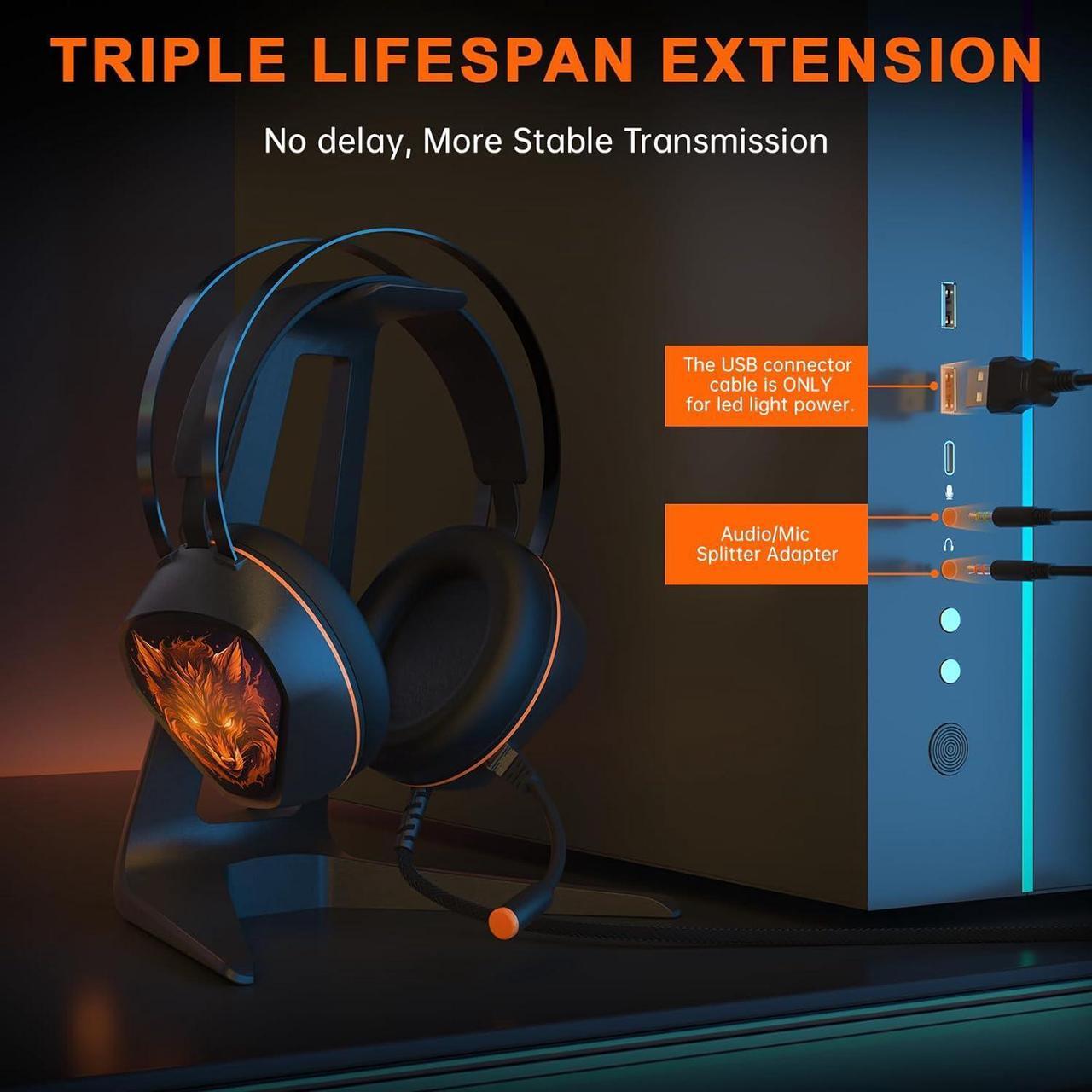 Alt view image 5 of 7 - Gaming Headset for Xbox Series X/S, Xbox One, PS5, PS4, PC with 7.1 Surround Sound, Wired Gaming Headphone with Noise Cancelling Mic, Dynamic RGB Light for Xbox Controller, Switch (Black Orange)