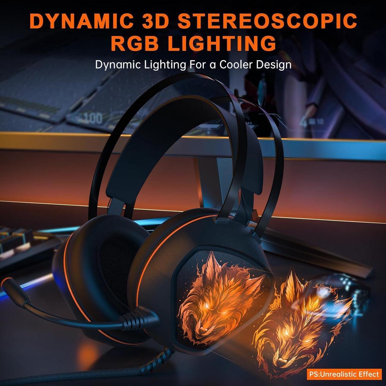 Alt view image 2 of 7 - Gaming Headset for Xbox Series X/S, Xbox One, PS5, PS4, PC with 7.1 Surround Sound, Wired Gaming Headphone with Noise Cancelling Mic, Dynamic RGB Light for Xbox Controller, Switch (Black Orange)