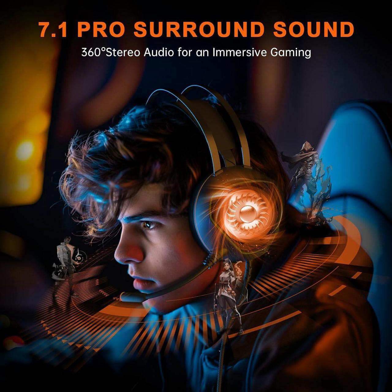 Alt view image 7 of 7 - Gaming Headset for Xbox Series X/S, Xbox One, PS5, PS4, PC with 7.1 Surround Sound, Wired Gaming Headphone with Noise Cancelling Mic, Dynamic RGB Light for Xbox Controller, Switch (Black Orange)