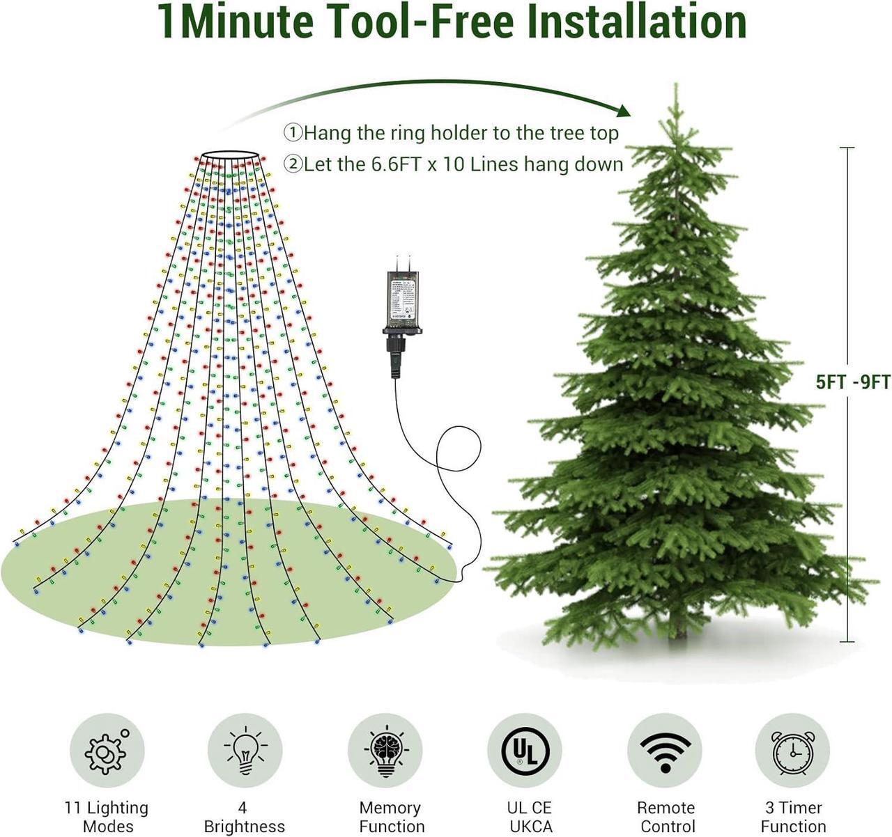 Alt view image 2 of 7 - Christmas Tree Lights Color Changing, 11 Modes Christmas Light Outdoor with Remote Control, 400 Diamond LED 6.6FTx10 Waterproof Xmas Tree Lights with Timer & Memory Function for Indoor