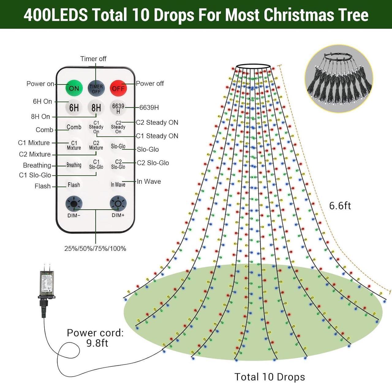 Alt view image 7 of 7 - Christmas Tree Lights Color Changing, 11 Modes Christmas Light Outdoor with Remote Control, 400 Diamond LED 6.6FTx10 Waterproof Xmas Tree Lights with Timer & Memory Function for Indoor