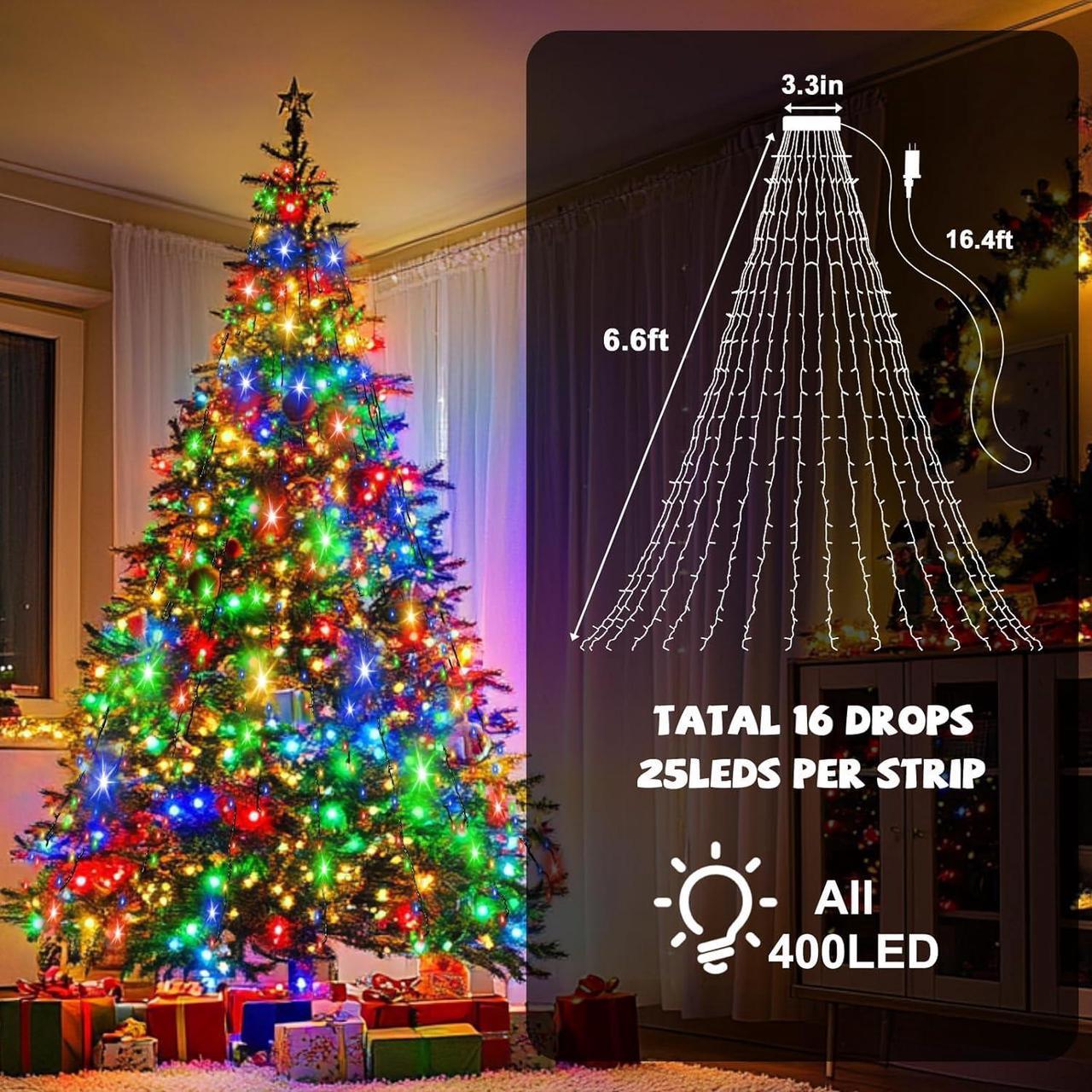 Alt view image 6 of 6 - 400 LED Christmas Tree Lights 8 Modes Christmas String Lights for Tree with Timer 6.6FT x 16 Lines Waterproof Christmas Decorations Outdoor/Indoor with Memory Function, Multicolor