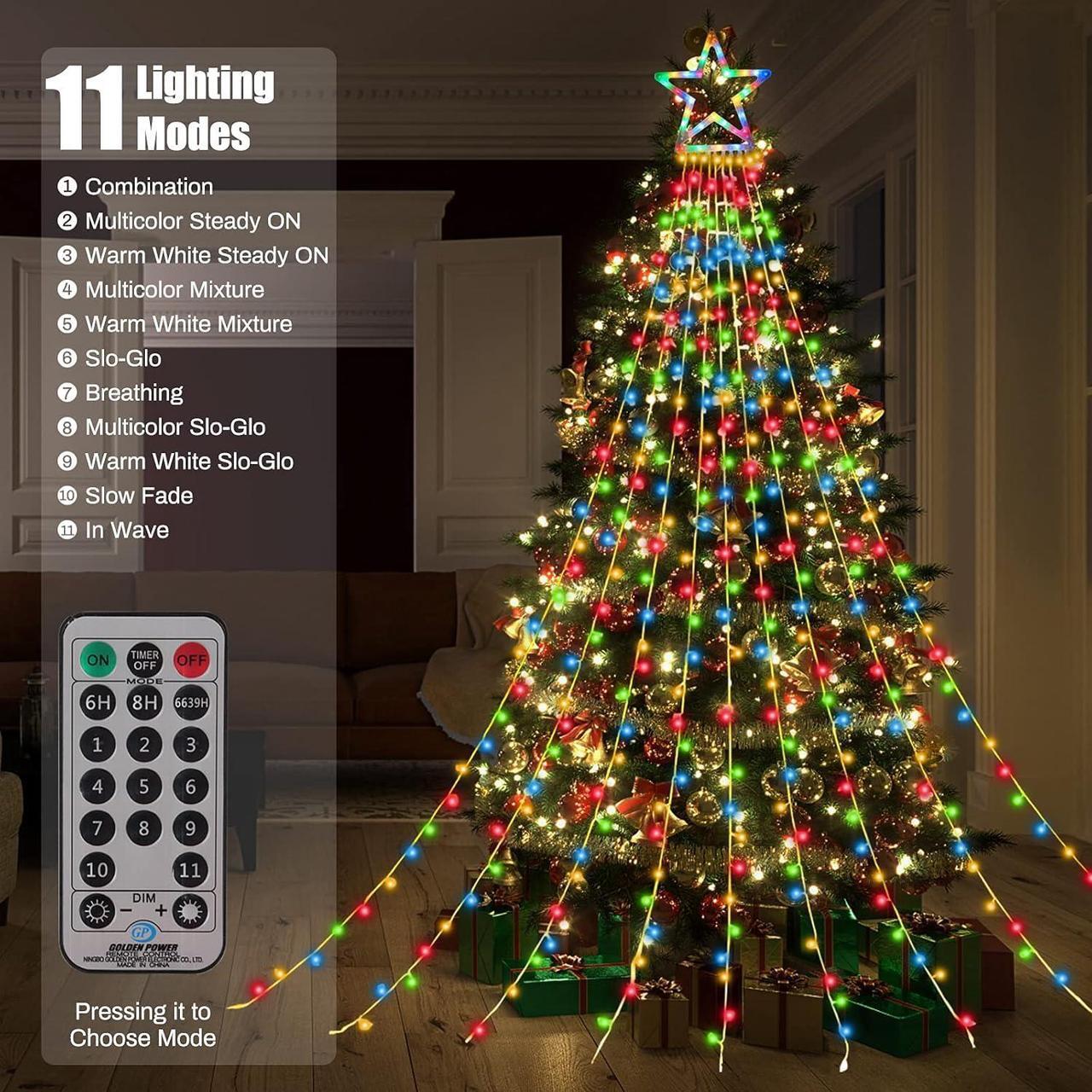 Alt view image 3 of 7 - Christmas Decorations Outdoor Star Lights,11Ft Christmas Tree Toppers Lights with Remote,11 Lighting Modes Waterfall Christmas String Lights for Christmas,Halloween (Color Changing)