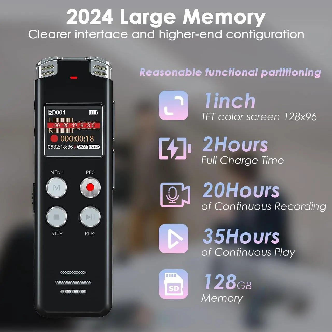 Alt view image 4 of 7 - 128GB Digital Voice Recorder with Playback: Voice Activated Recorder for Lectures Meetings Interviews -  Dictaphone Recording Device Tape Recorder Portable Mini, Audio Recorder with USB, MP3