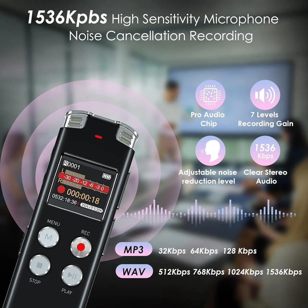 Alt view image 2 of 7 - 128GB Digital Voice Recorder with Playback: Voice Activated Recorder for Lectures Meetings Interviews -  Dictaphone Recording Device Tape Recorder Portable Mini, Audio Recorder with USB, MP3