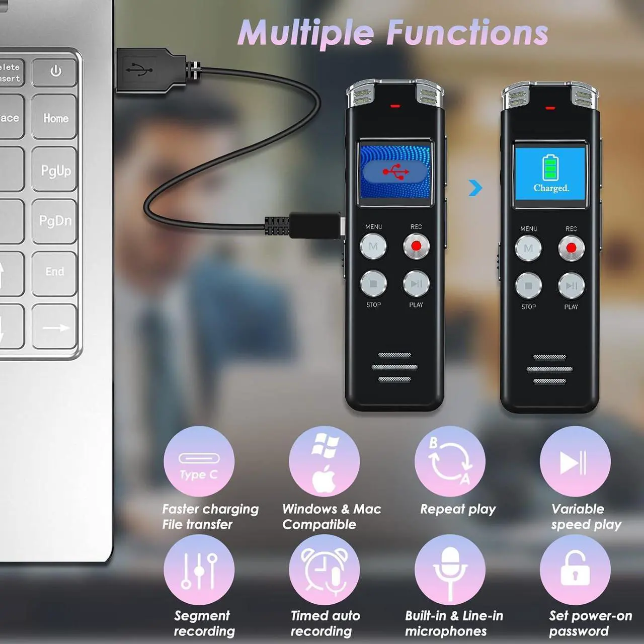 Alt view image 6 of 7 - 128GB Digital Voice Recorder with Playback: Voice Activated Recorder for Lectures Meetings Interviews -  Dictaphone Recording Device Tape Recorder Portable Mini, Audio Recorder with USB, MP3