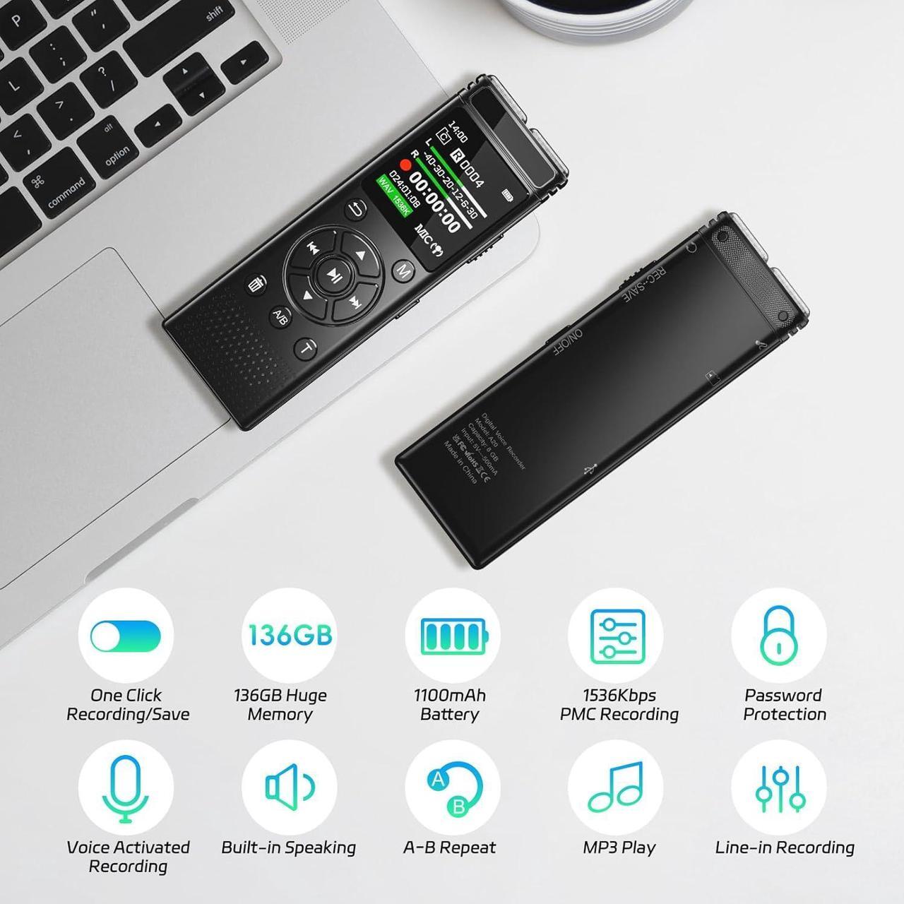 Alt view image 2 of 7 - 136GB Digital Voice Recorder One Click, Voice Recorder with Playback HD Recording Easy Control, Large Screen 7000 Hours Sound Audio Recorder Recording Tape for Lectures Meeting MP3 Player