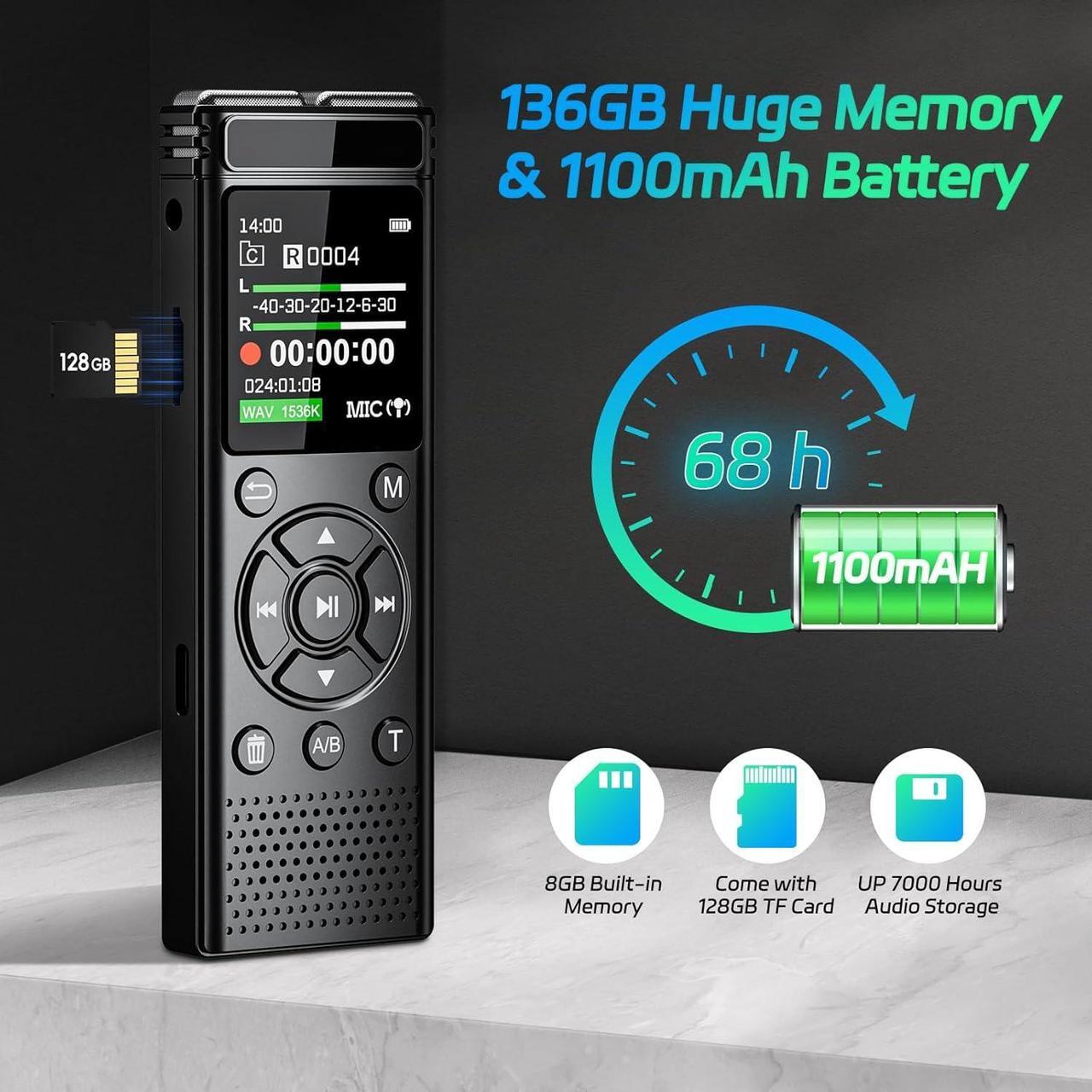 Alt view image 3 of 7 - 136GB Digital Voice Recorder One Click, Voice Recorder with Playback HD Recording Easy Control, Large Screen 7000 Hours Sound Audio Recorder Recording Tape for Lectures Meeting MP3 Player