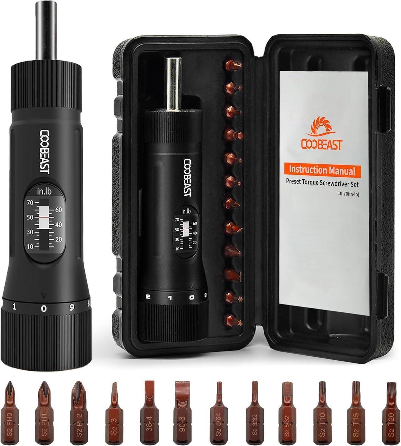 Main image of 13Pcs Preset Torque Screwdriver with S2 Bits, 1/4 Drive Torque Wrench Screwdriver Set for Maintenance, Tools, Bike Repairing and Mounting, Inch Pound Torque Range 10-70 In-lb