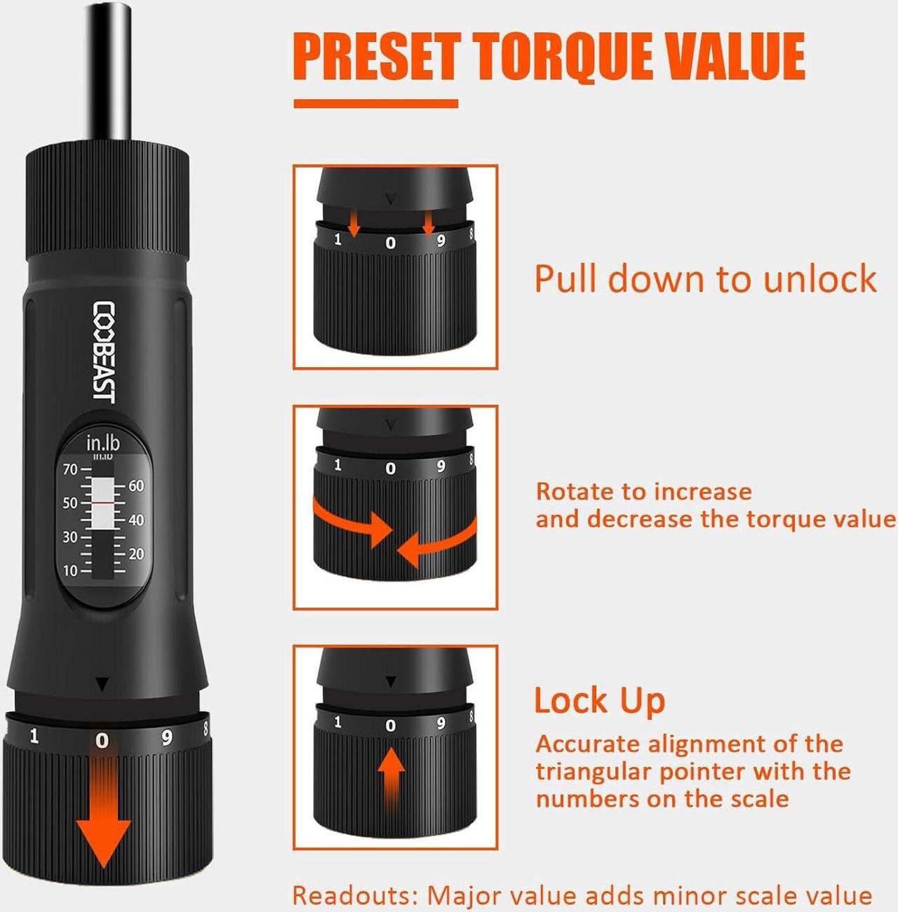 Alt view image 5 of 7 - 13Pcs Preset Torque Screwdriver with S2 Bits, 1/4 Drive Torque Wrench Screwdriver Set for Maintenance, Tools, Bike Repairing and Mounting, Inch Pound Torque Range 10-70 In-lb