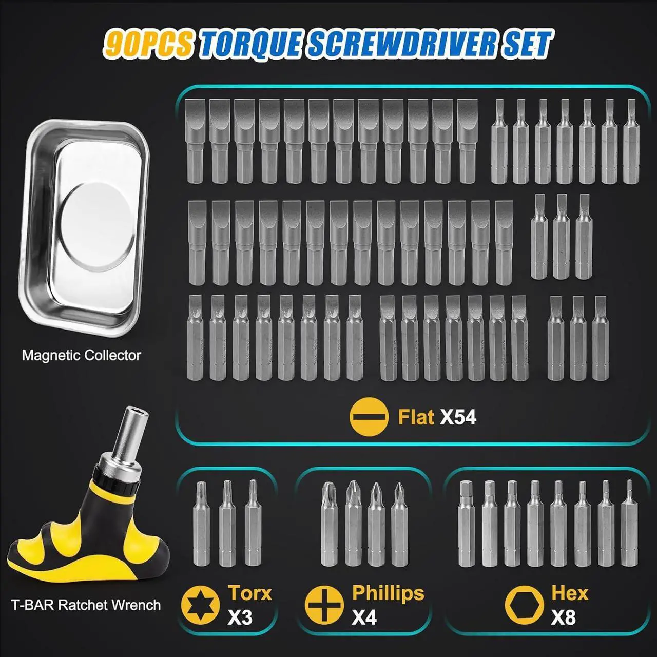Alt view image 3 of 7 - 90Pcs Master Torque Screwdriver Set, 10-70 IN.LB, Inch Pound Torque Screw Driver with S2 Bits, Includes Flat, Hex, Torx, and Phillips Bits, T-BAR Ratchet Wrench, All in One Torque Tool Kit