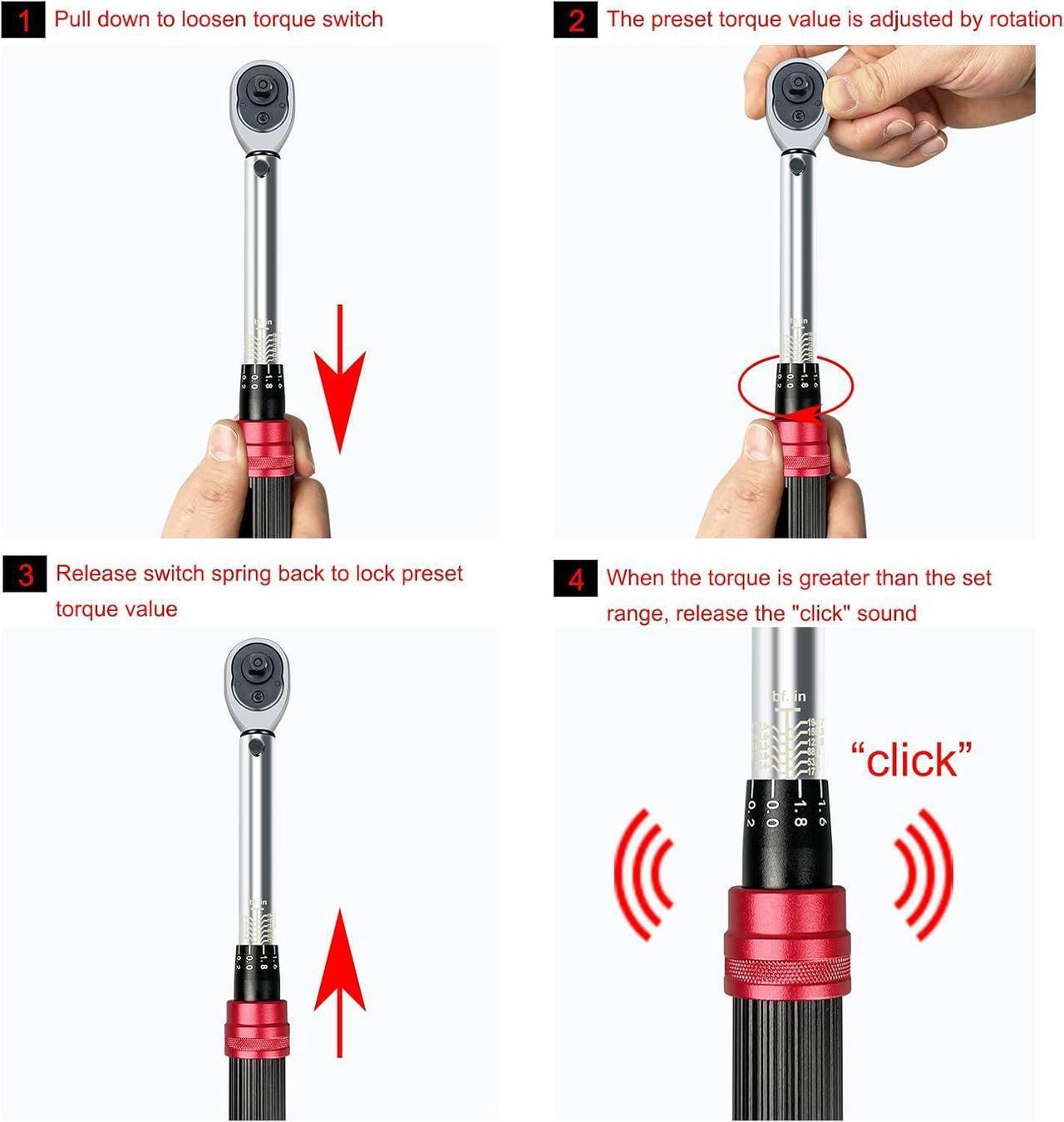 Alt view image 3 of 6 - 22PCS Bike Torque Wrench Set,1/4inch Drive Click Torque Screwdriver,17.7-194.7IN.LB/ 2-22NM,Bicycle Tool Kit With Allen Wrench,Torx Bit Set and Dual-Direction Reversible Ratcheting Wrench Set