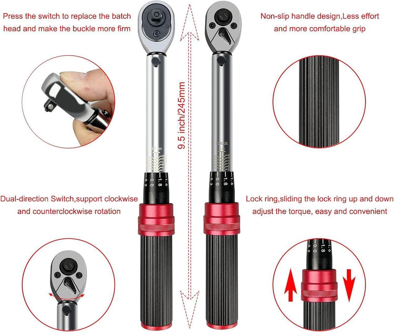 Alt view image 6 of 6 - 22PCS Bike Torque Wrench Set,1/4inch Drive Click Torque Screwdriver,17.7-194.7IN.LB/ 2-22NM,Bicycle Tool Kit With Allen Wrench,Torx Bit Set and Dual-Direction Reversible Ratcheting Wrench Set