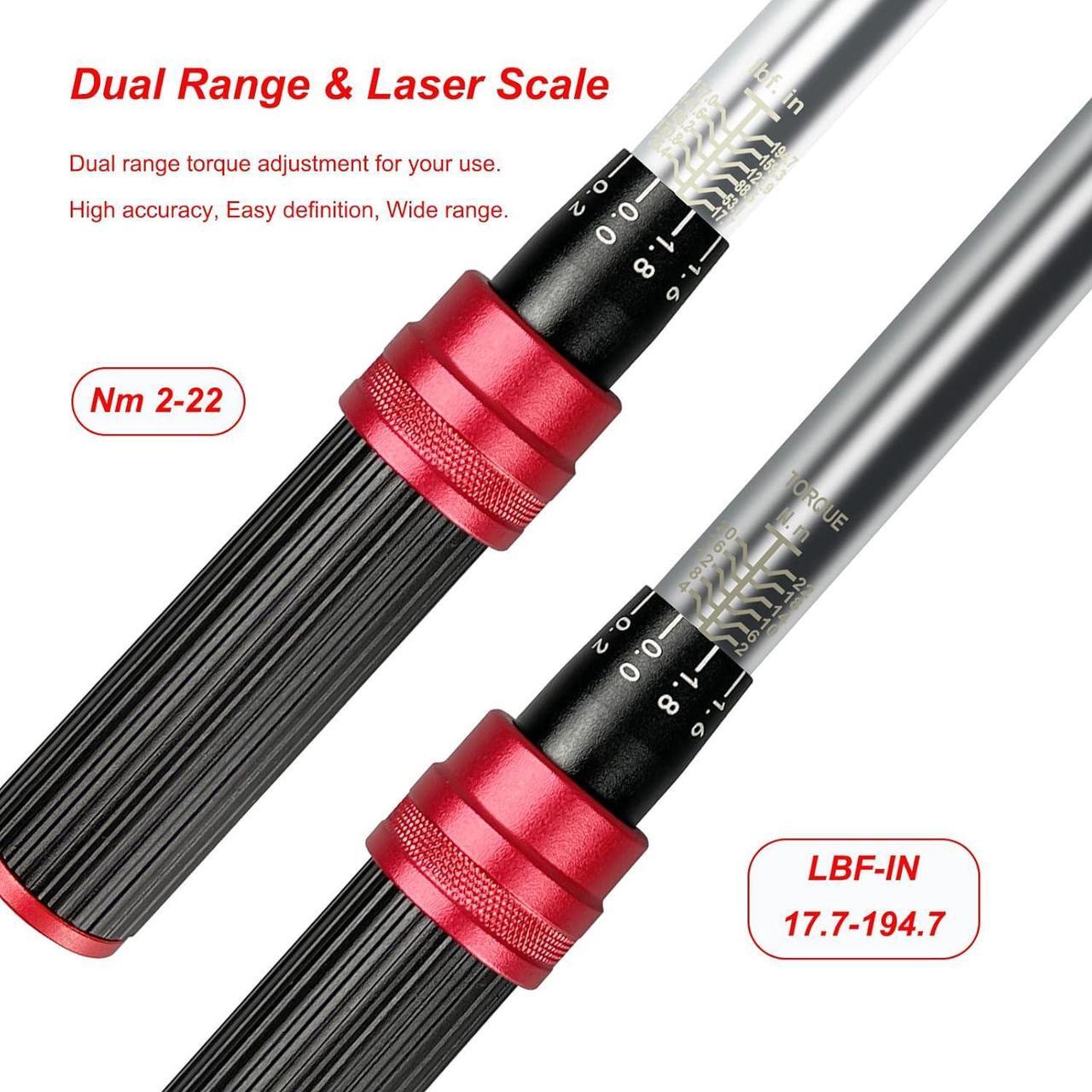Alt view image 5 of 6 - 22PCS Bike Torque Wrench Set,1/4inch Drive Click Torque Screwdriver,17.7-194.7IN.LB/ 2-22NM,Bicycle Tool Kit With Allen Wrench,Torx Bit Set and Dual-Direction Reversible Ratcheting Wrench Set