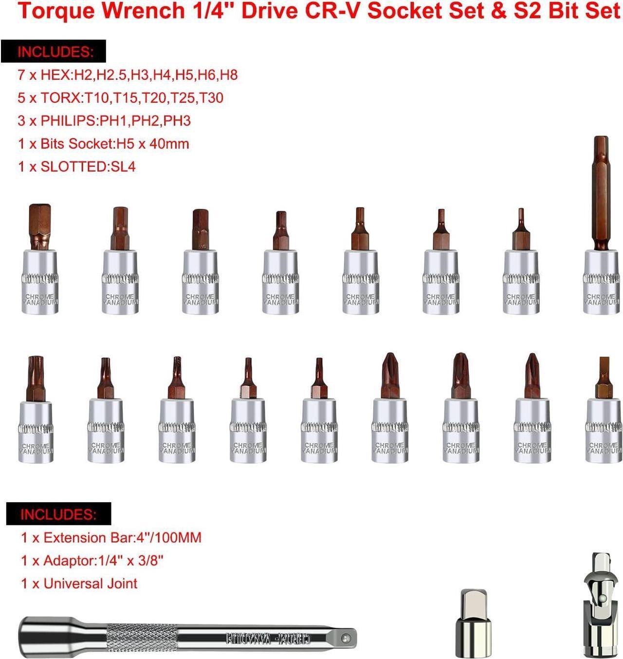 Alt view image 2 of 6 - 22PCS Bike Torque Wrench Set,1/4inch Drive Click Torque Screwdriver,17.7-194.7IN.LB/ 2-22NM,Bicycle Tool Kit With Allen Wrench,Torx Bit Set and Dual-Direction Reversible Ratcheting Wrench Set