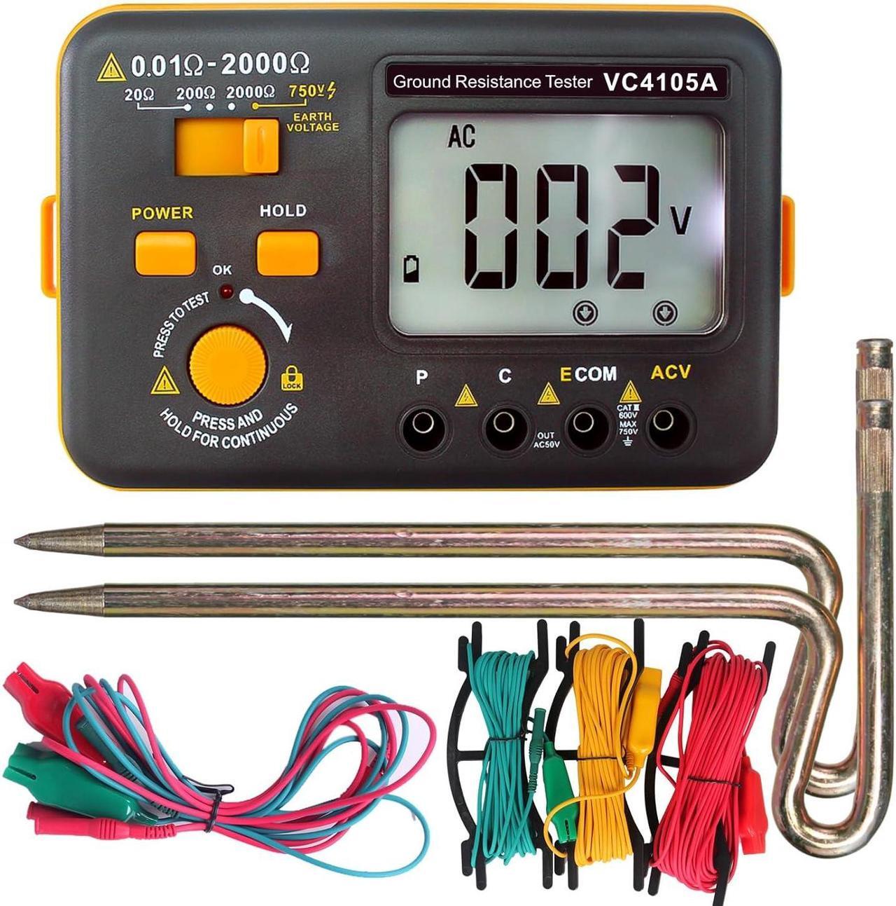 Main image of VC4105A Earth Resistance Tester Digital Grounding Resistance Meter 20/200/2000 Ground Resistance 750V AC Voltage Measure Backlight LCD Display Data Hold