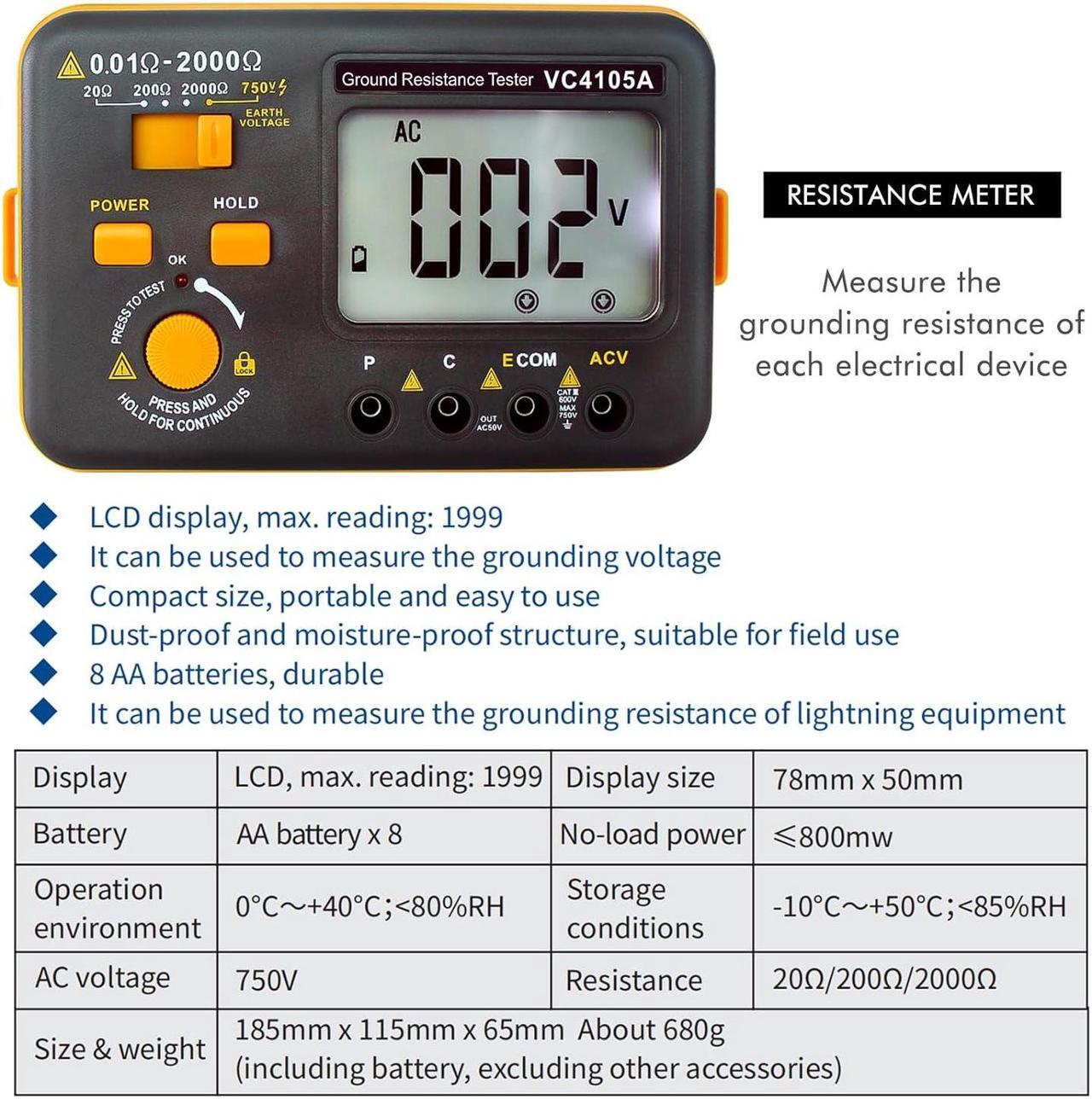 Alt view image 2 of 7 - VC4105A Earth Resistance Tester Digital Grounding Resistance Meter 20/200/2000 Ground Resistance 750V AC Voltage Measure Backlight LCD Display Data Hold