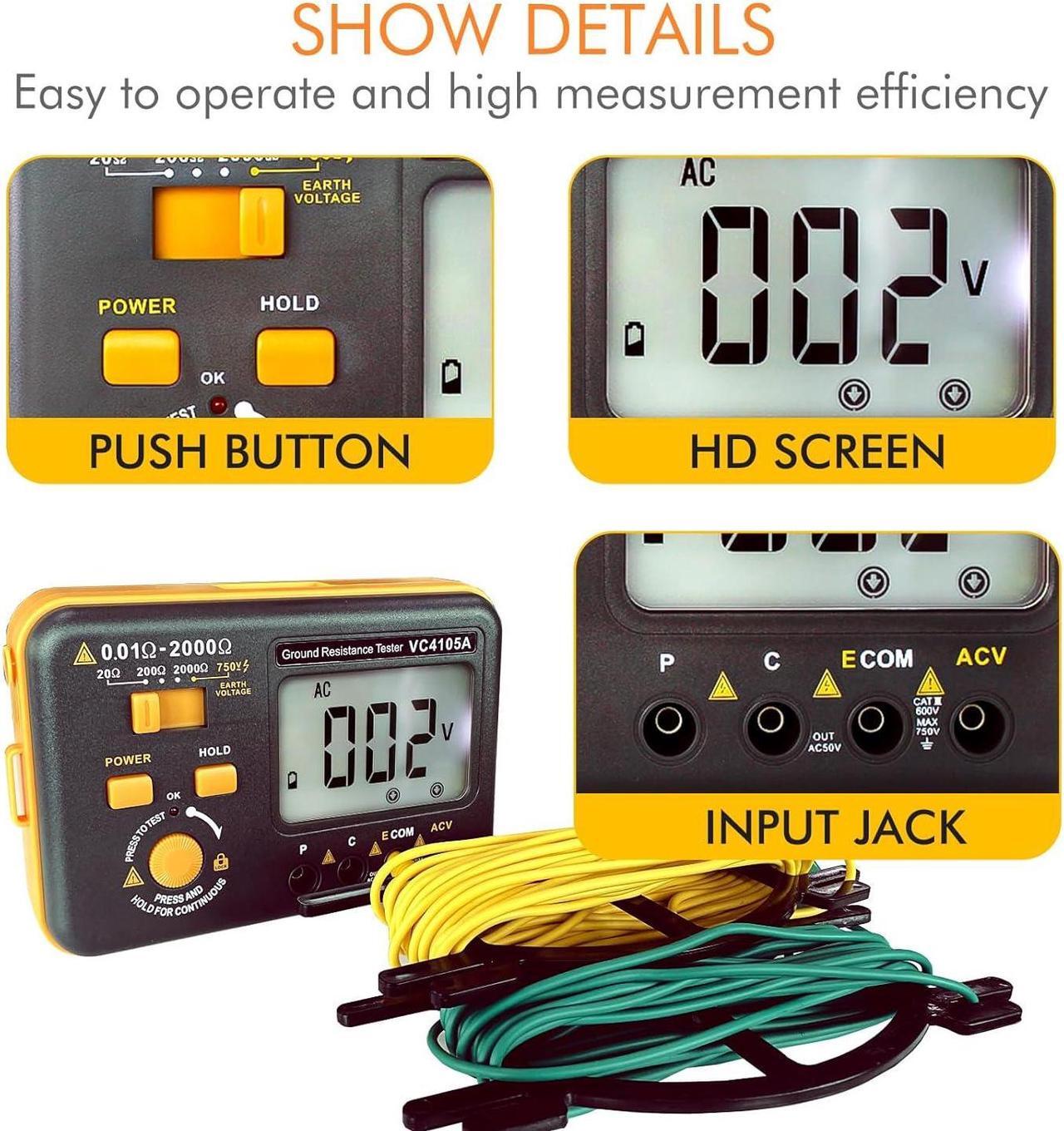 Alt view image 7 of 7 - VC4105A Earth Resistance Tester Digital Grounding Resistance Meter 20/200/2000 Ground Resistance 750V AC Voltage Measure Backlight LCD Display Data Hold